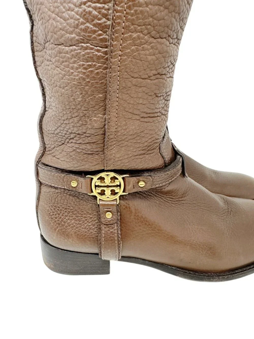 Tory Burch Logo Harness Riding Boots Brown Pebbled Leather Women's 10.5